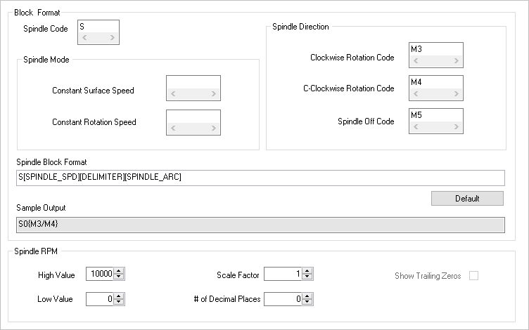 The Spindle section of the Post-Processor Generator (PPG) dialog for our haas-blog.spm post definition file.