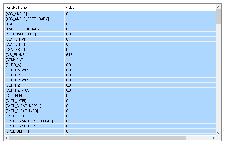 The Variables section of the Post-Processor Generator (PPG) dialog for our haas-blog.spm post definition file.