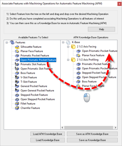 Dialog Box: Associate Features with Machining Operations for Automatic Feature Machining (AFM)