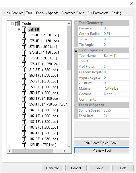 Dialog Box: Tool tab, similar for all 2½ Axis Hole Making Operations