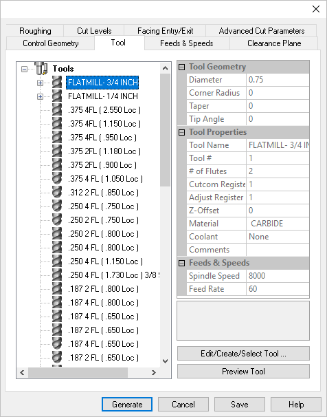 Dialog Box: Tool tab, similar for all Milling Operations