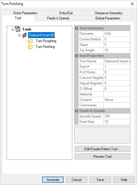 Dialog Box: Tool tab, Turn Finishing