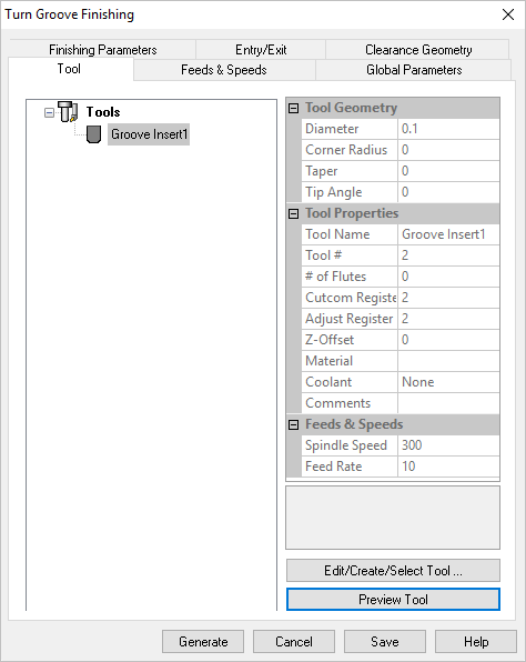 Dialog Box: Tool tab, Turn Groove Finishing