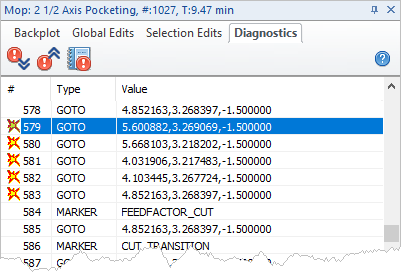 Diagnostics tab, Toolpath Editor